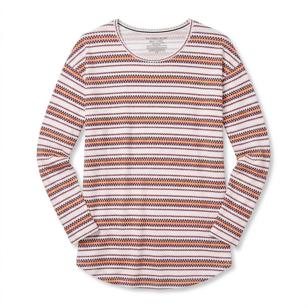 Victorias Secret Long Sleeve Night Shirt Gown White Multicolor Stripe Womens XS